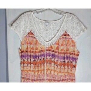 Luxology Boho Maxi Dress 2X Orange Pink Lace Yoke Tassel Festival